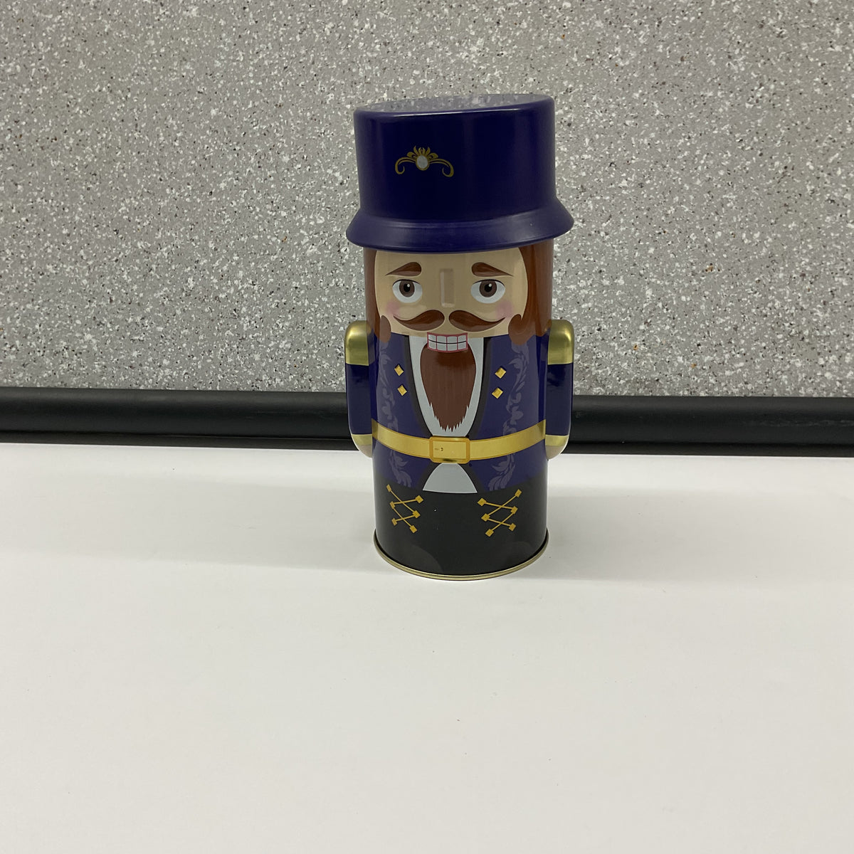 Nutcracker Christmas Tin Container Purple Gold Removable Hat Lid 7.5 Inch