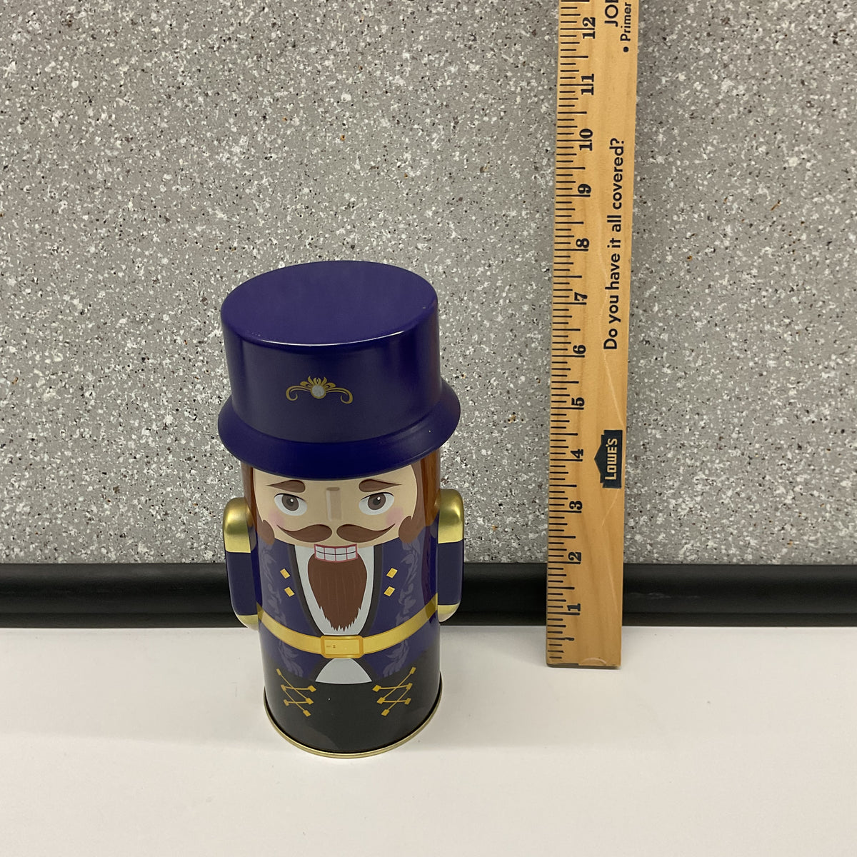 Nutcracker Christmas Tin Container Purple Gold Removable Hat Lid 7.5 Inch