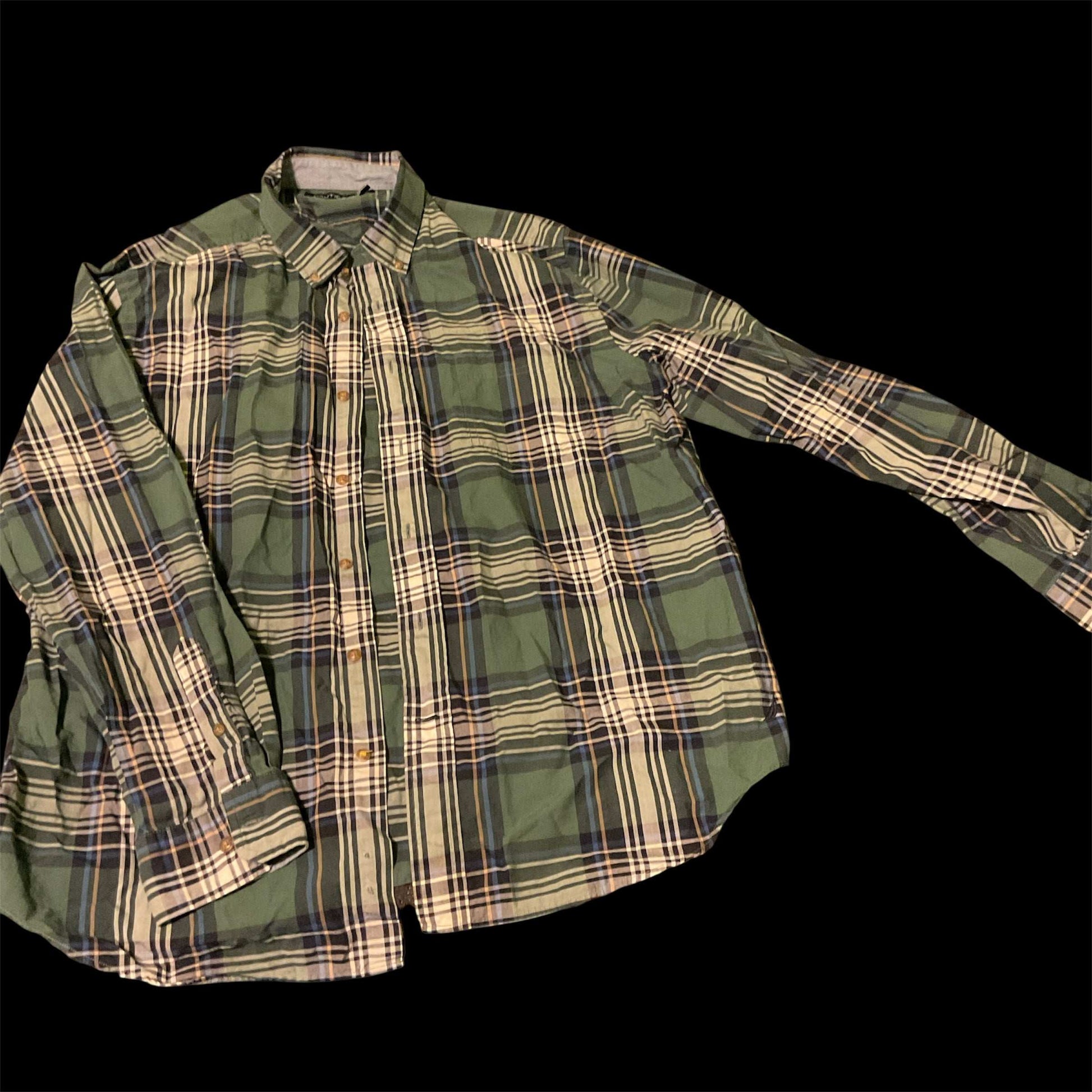 Nautica men’s XL plaid shirt with green and beige pattern, missing bottom button, good condition