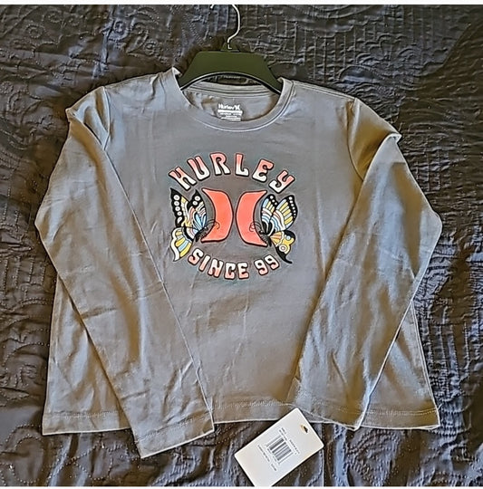 Hurley Girls Long Sleeve Graphic Tee 'Since 99' Butterflies – Shadow Black – Size L (12-13Y) NWT