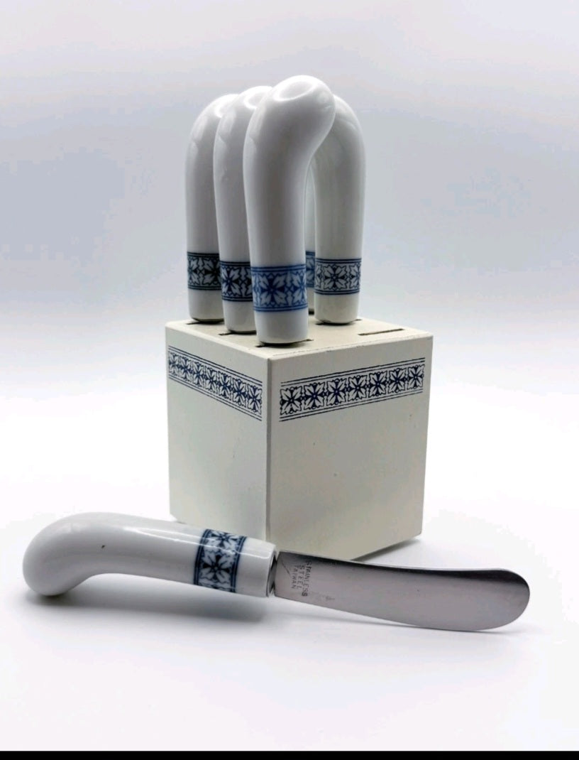 Vintage Blue & White Ceramic Handle Butter Spreaders Set of 6 with Wood Block - Stainless Steel Appetizer Knives - Cottagecore Kitchen Decor