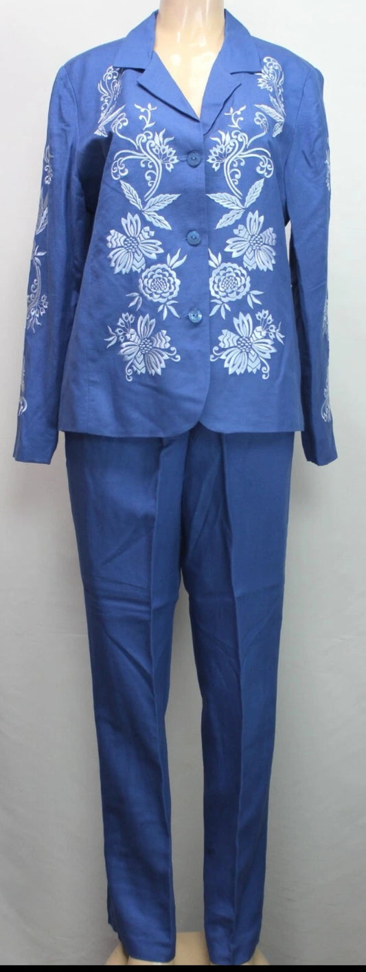 Victor Costa Occasion Women's 2PC Set Blazer & Pants Embroidered Blue Size 1X