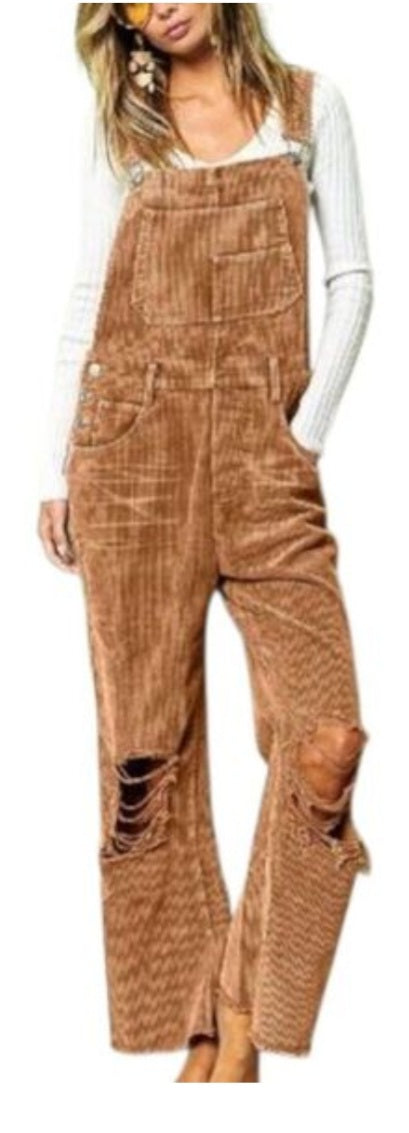 BiBi Corduroy Distressed Overalls Women's Size L Tan Beige Ripped Knee Flare Leg