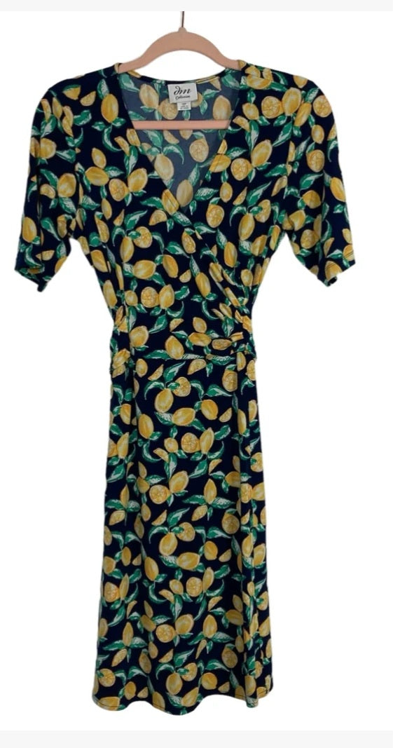 DM Collection Lemon Print Faux Wrap Dress- Size 12 Petite