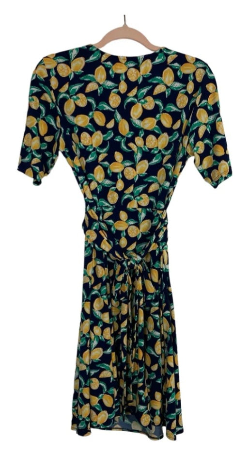 DM Collection Lemon Print Faux Wrap Dress- Size 12 Petite