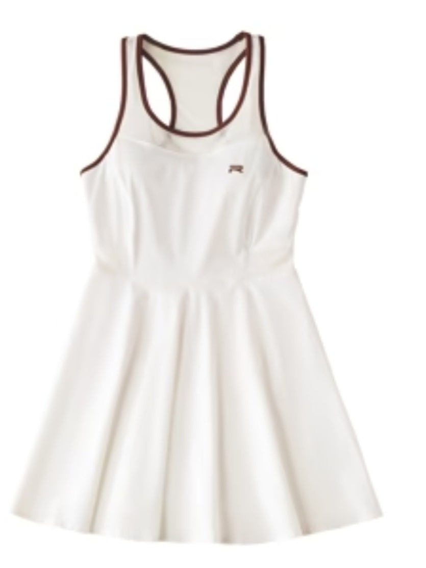 Ramsports Racer Flare Dress | White & Brown Tennis Pickleball Dress activewear size M