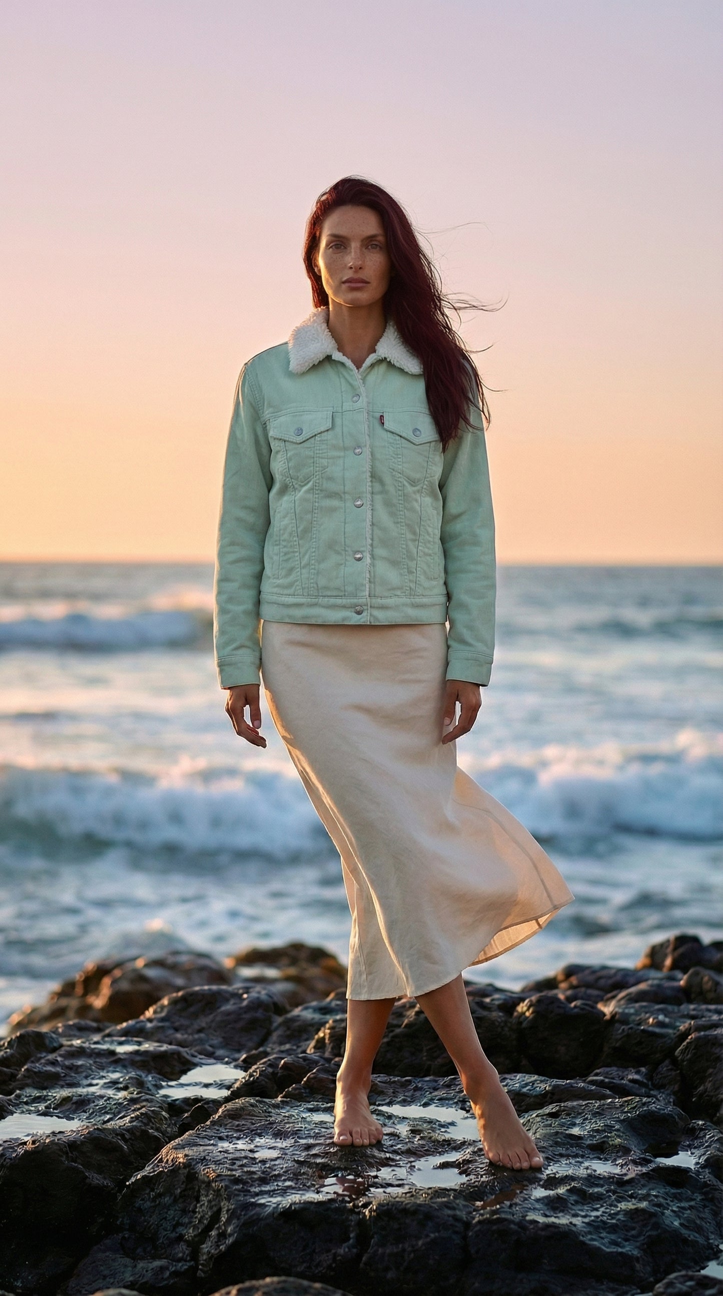 Levi’s Sherpa-Lined Corduroy Trucker Jacket – Mint Green – Size XS – Made in Sri Lanka