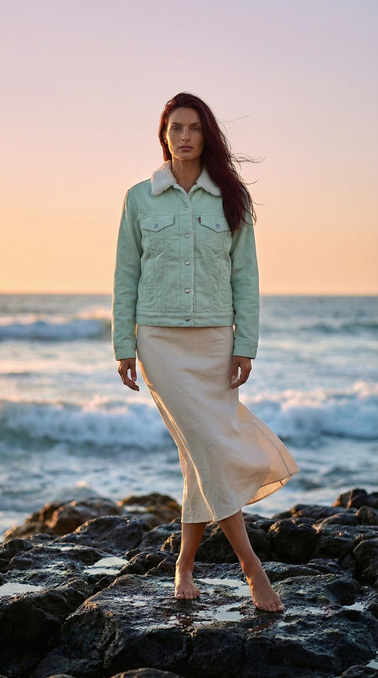Levi’s Sherpa-Lined Corduroy Trucker Jacket – Mint Green – Size XS – Made in Sri Lanka