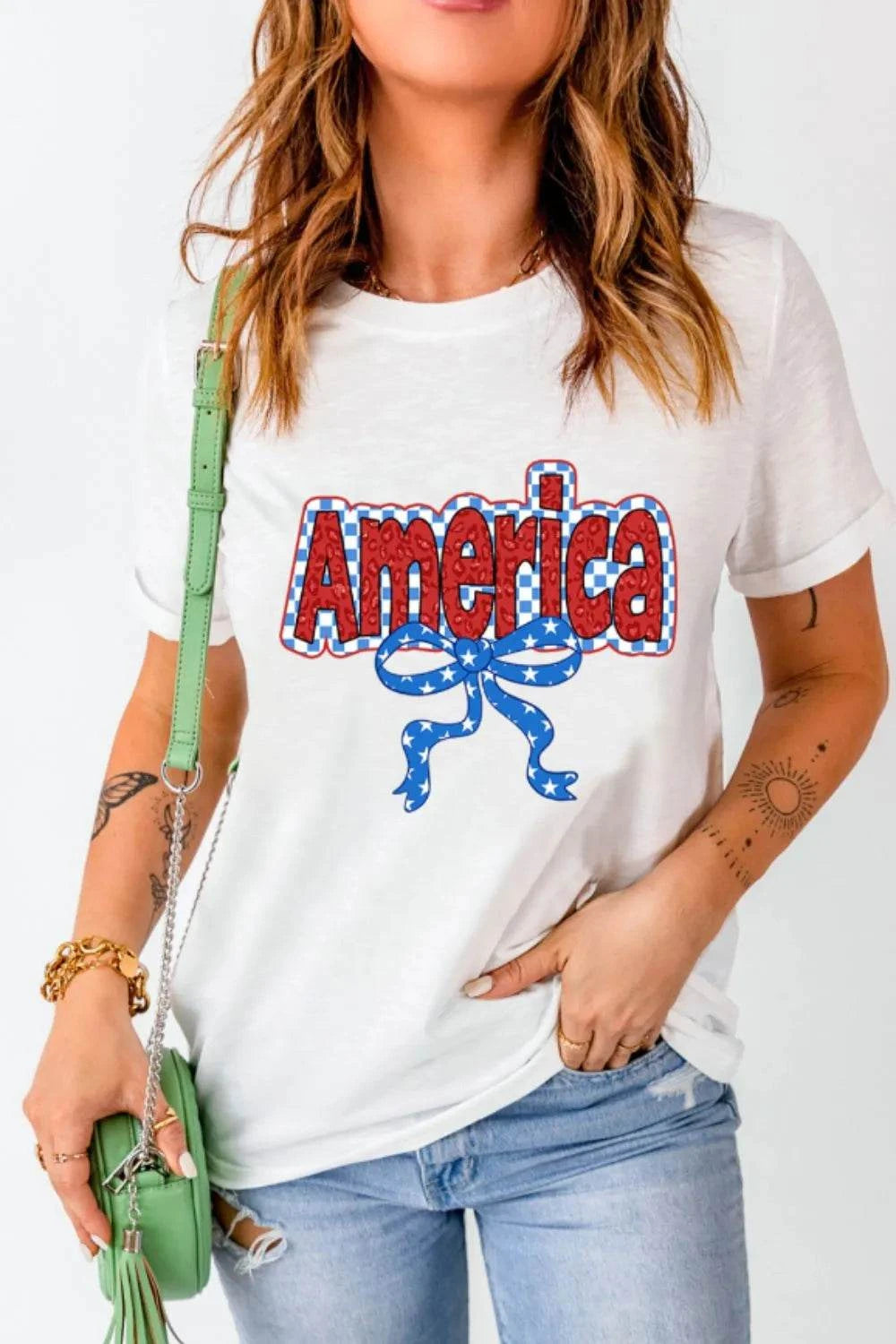 Funky America Letter Bow Round Neck T Shirt