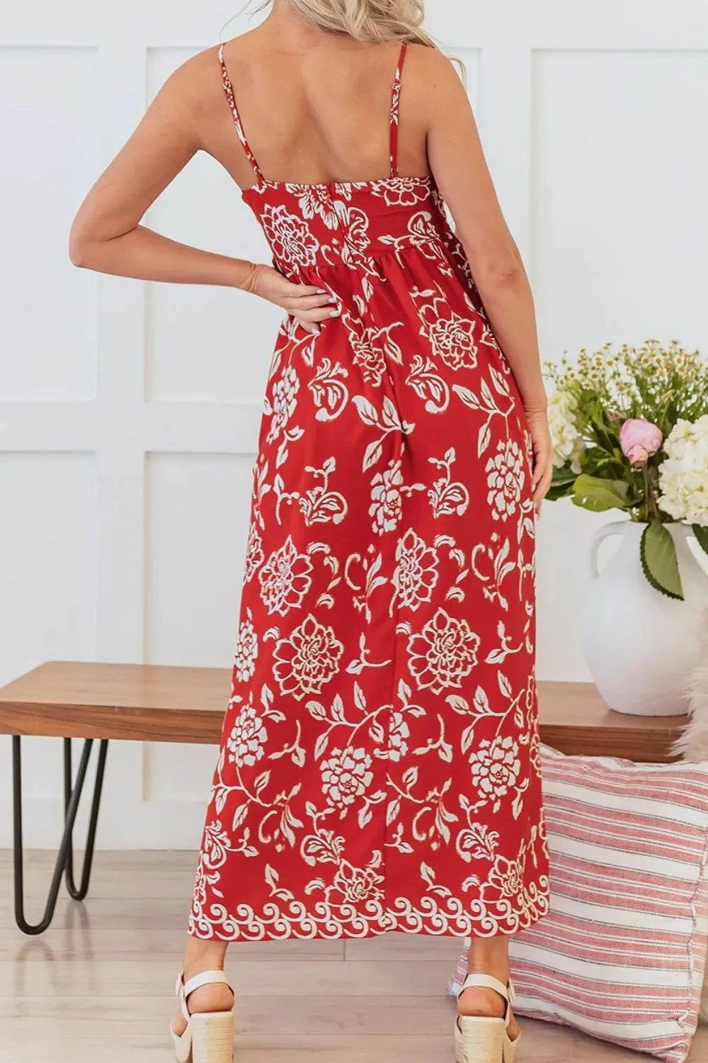 Floral Printed Spaghetti Strap Empire Waist Maxi Dress
