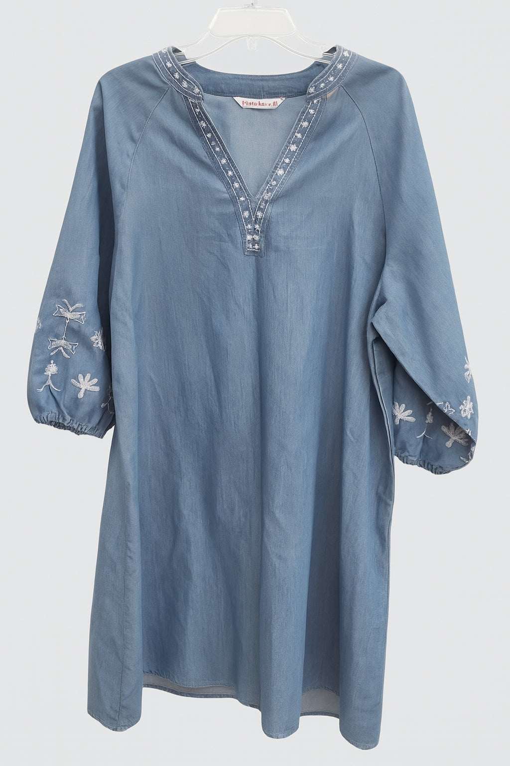 Blue embroidered denim tunic dress with floral sleeve detailing and loose fit