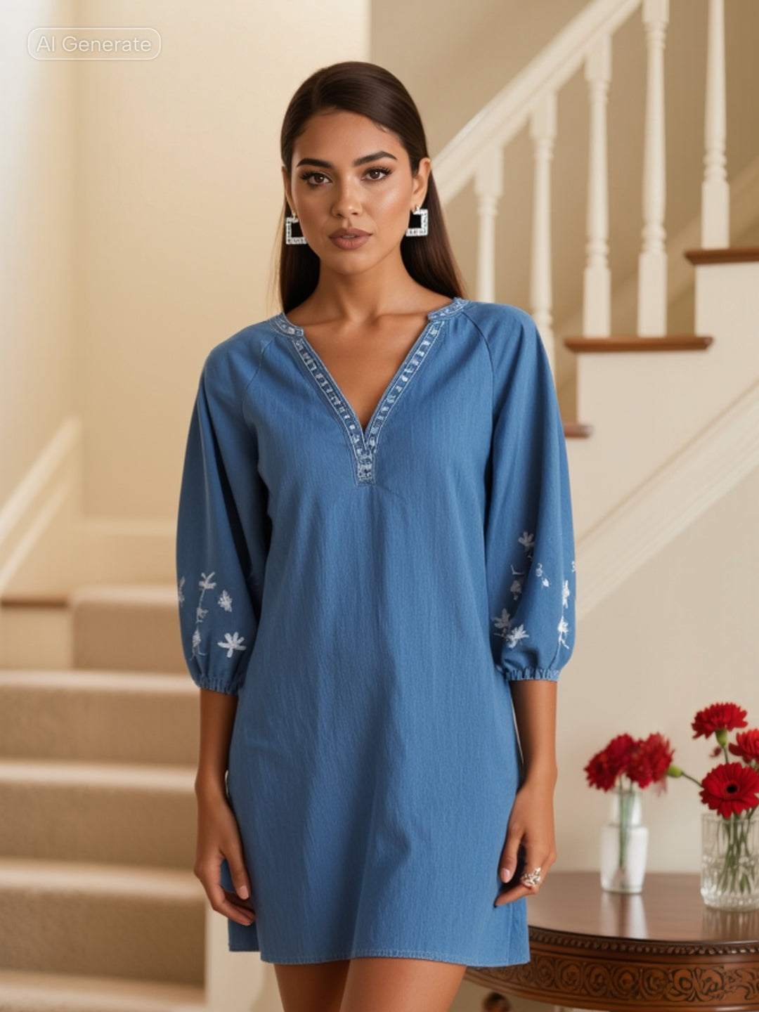 woman wearing blue embroidered denim tunic dress with floral sleeve embroidery standing indoors
