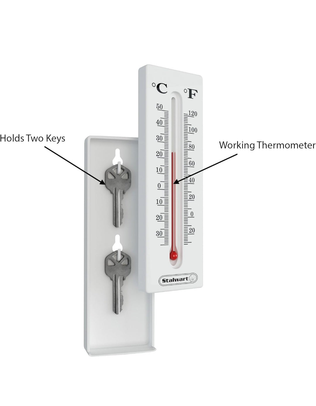 Hide a Key for House Car Keys- Temperature Reading Indoor and Outdoor Working Wall Mount Thermometer with Key Storage by Stalwart