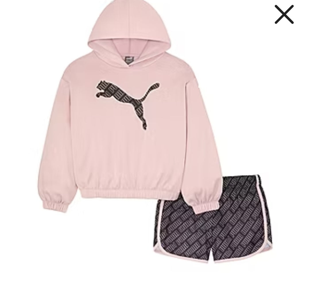 PUMA Girls 2-Piece Set: Fleece Hoodie & Tricot Shorts - Mauve Mist - NWT Size 5