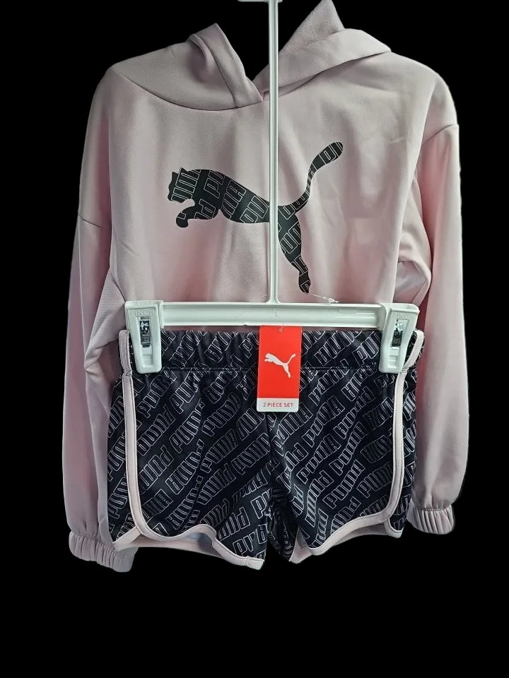 PUMA Girls 2-Piece Set: Fleece Hoodie & Tricot Shorts - Mauve Mist - NWT Size 5