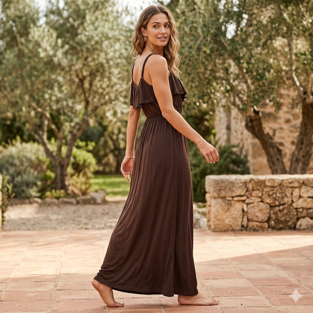 Gilli Ruffle Front Maxi Dress Brown Braided Straps Boho Summer Women's Medium USA