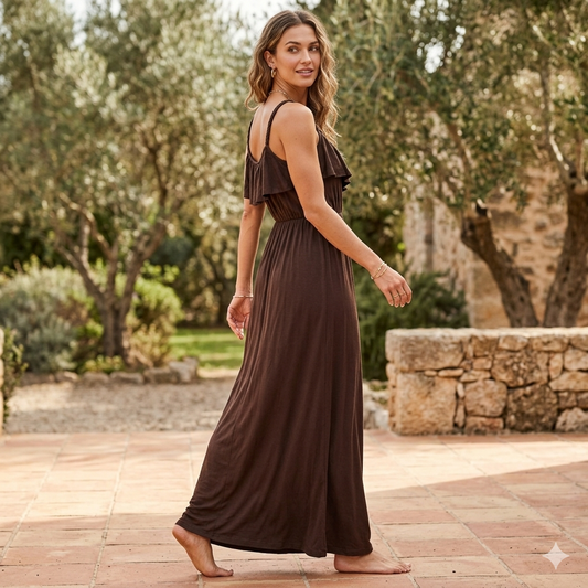 Gilli Ruffle Front Maxi Dress Brown Braided Straps Boho Summer Women's Medium USA