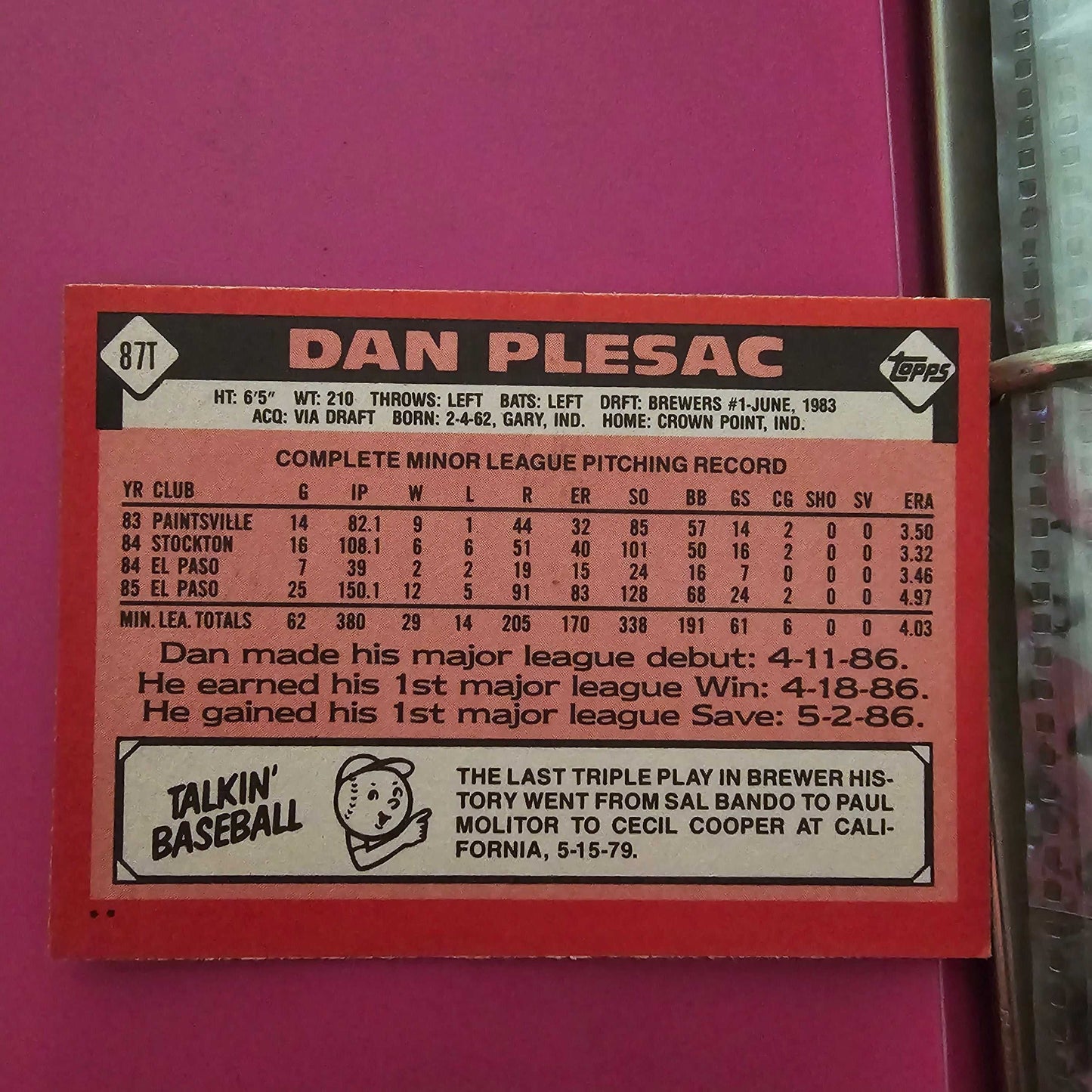 1986 Topps Dan Plesac baseball card back showing pitching stats and player info in good condition
