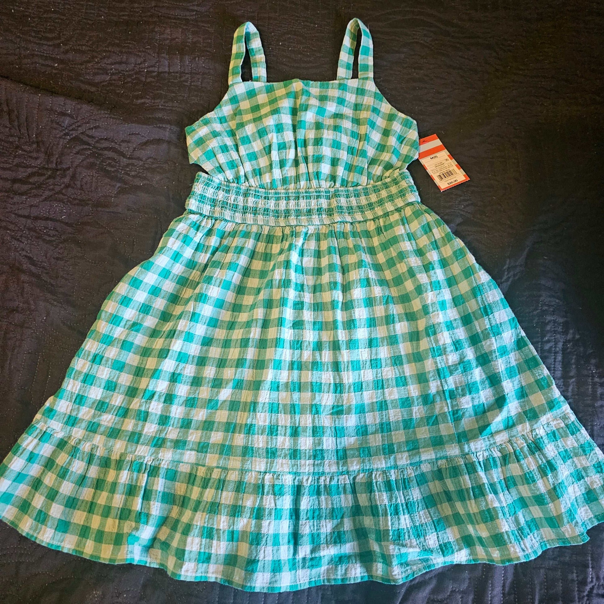 Cat And Jack girls gingham dress with blue and white checkered pattern and spaghetti straps