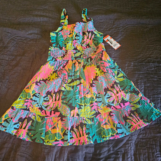 Girls' adaptive tropical floral summer dress with elastic waistband and cut-outs in vibrant colors