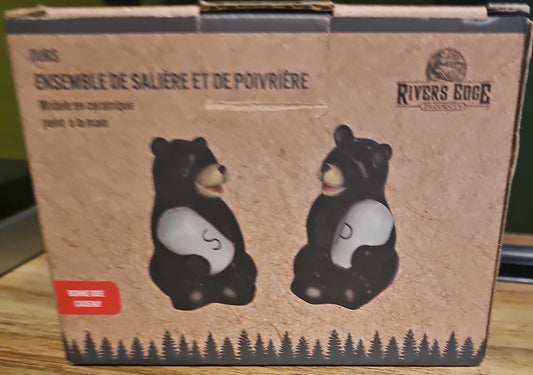 Rivers Edge Bear ceramic black bear salt and pepper shakers set in rustic cabin decor packaging