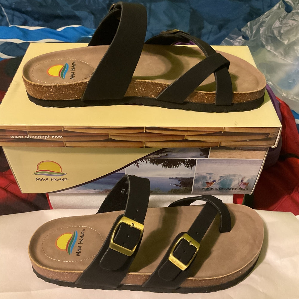Maui‎ Island Hampton Sandals Women’s Size 9M Black Double Buckle Cork Footbed